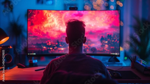 Silhouette of Gamer Immersed in Vivid Fantasy World on Ultra-Wide Monitor