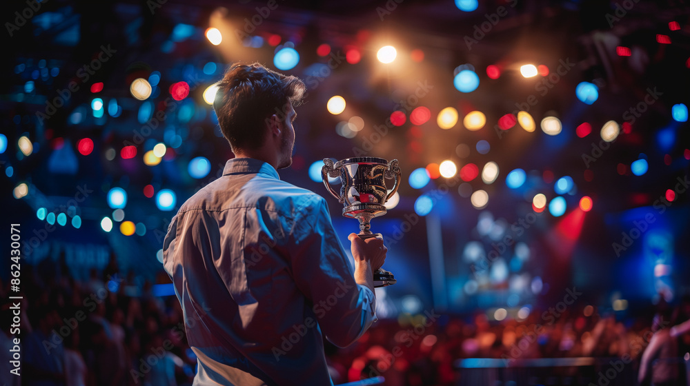 Golden trophy cup with flying confetti, The esports winner trophy standing on the stage in the middle of the arena of the computer video game. A golden trophy takes center stage on a desk against. Golden trophy cup with flying confetti, The esports winner trophy standing on the stage in the middle of the arena of the computer video game. A golden trophy takes center stage on a desk against.