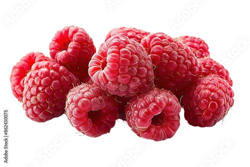 Heap of fresh red raspberries isolated on white background. Juicy and delicious, perfect for smoothies and desserts.