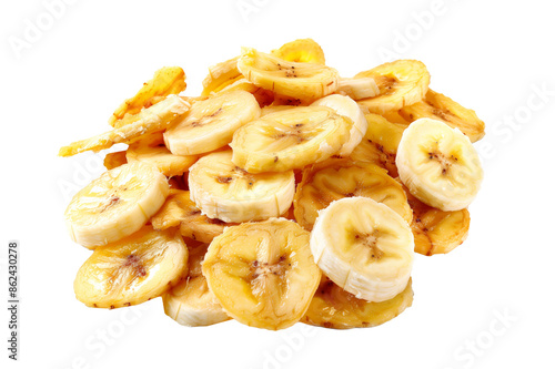 A closeup view pile of crispy banana chips snack isolated on white, perfect for snacking and part of a healthy diet.
