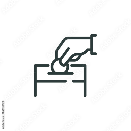 Thin outline icon hand putting a coin in a donation box. Such line sign as charity or donation, contribution and sponsorship. Vector isolated pictogram on white background editable stroke.