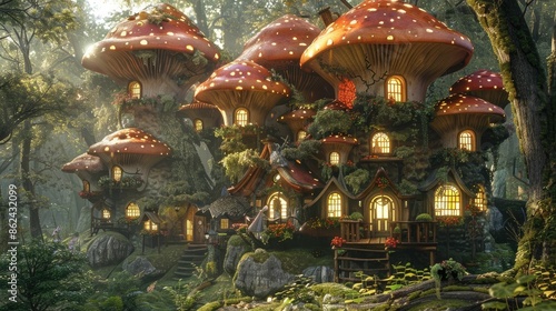 A magical village of glowing mushroom houses nestled in a lush forest, bathed in soft, mystical light. © ardanz