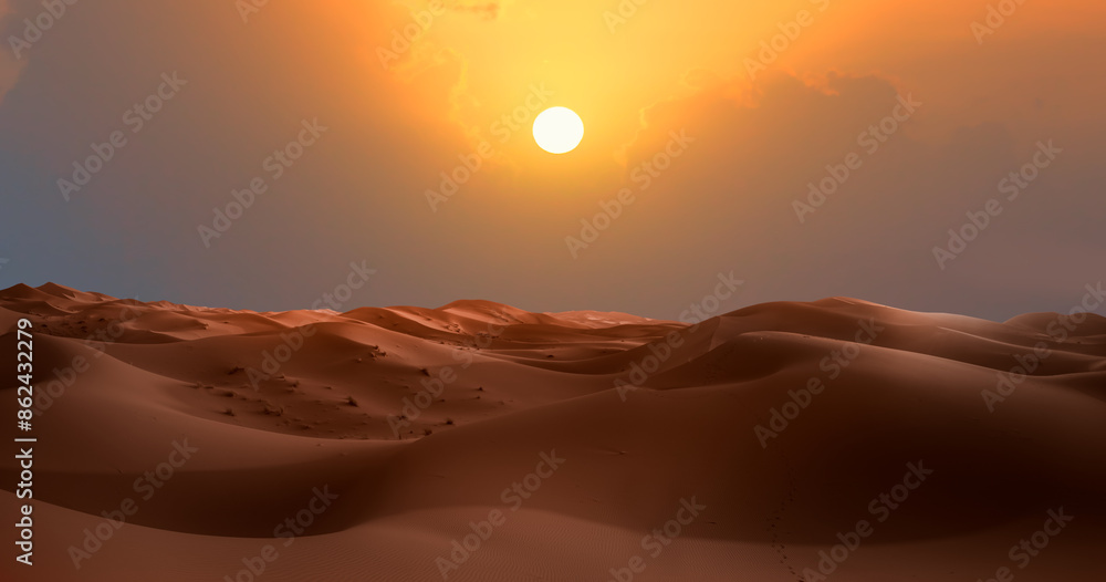 Sand dunes in the Sahara Desert at amazing sunrise, Merzouga, Morocco - Orange dunes in the desert of Morocco - Sahara desert, Morocco Sand dunes in the Sahara Desert at amazing sunrise, Merzouga, Morocco - Orange dunes in the desert of Morocco - Sahara desert, Morocco