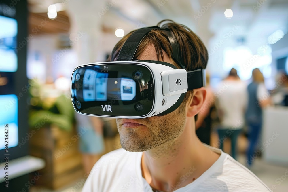 Young man using VR headset in a busy, modern tech exhibition, experiencing virtual reality amidst a bustling, high tech environment with innovative digital displays Young man using VR headset in a busy, modern tech exhibition, experiencing virtual reality amidst a bustling, high tech environment with innovative digital displays