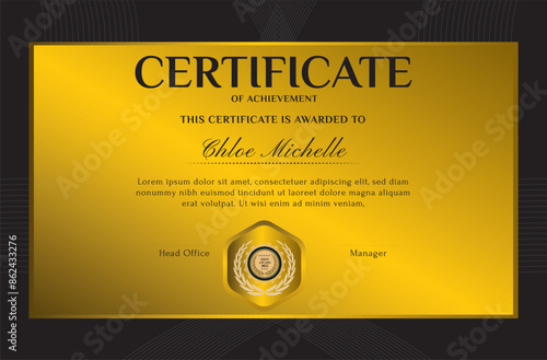 Elegant black and gold blue diploma certificate template with luxury badge and modern line pattern. For award, business, and education needs. Use for print, certificate, diploma, graduation