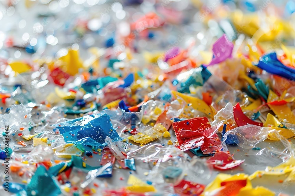 Shattered plastic pieces in various colors littering surface Shattered plastic pieces in various colors littering surface