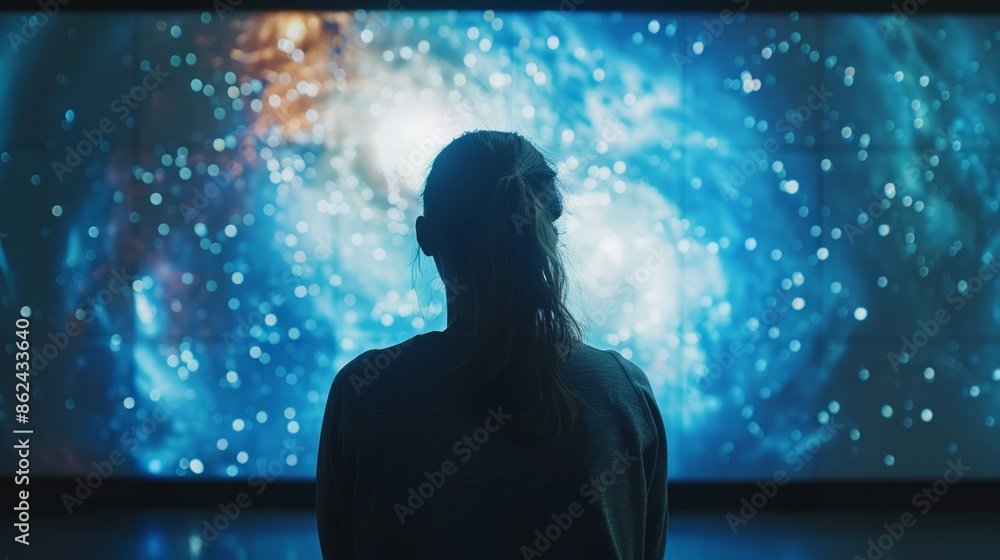 Silhouette of Woman Viewing a Dazzling Cosmic Display of Stars and Galaxies Silhouette of Woman Viewing a Dazzling Cosmic Display of Stars and Galaxies