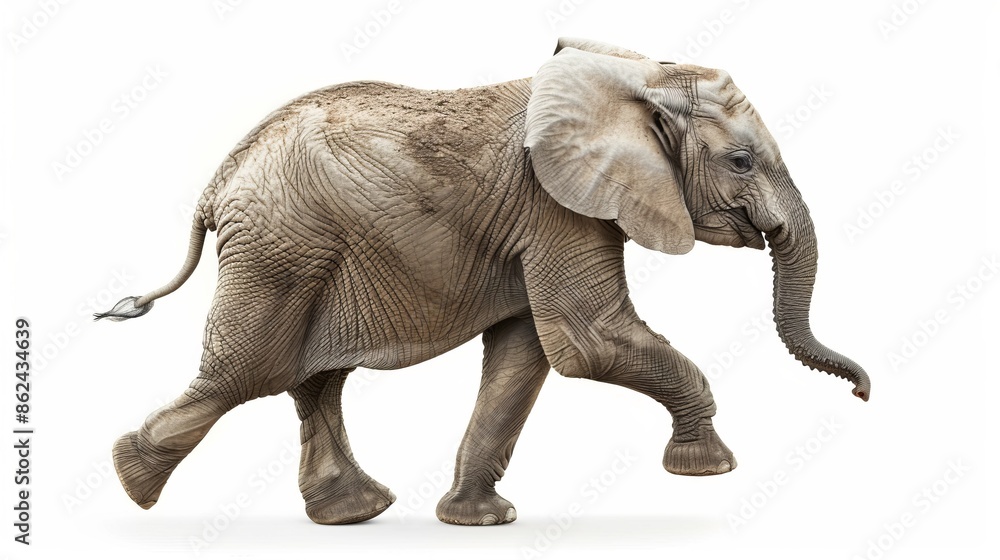 Fototapeta premium Side view of a cute young elephant walking on a white background. 