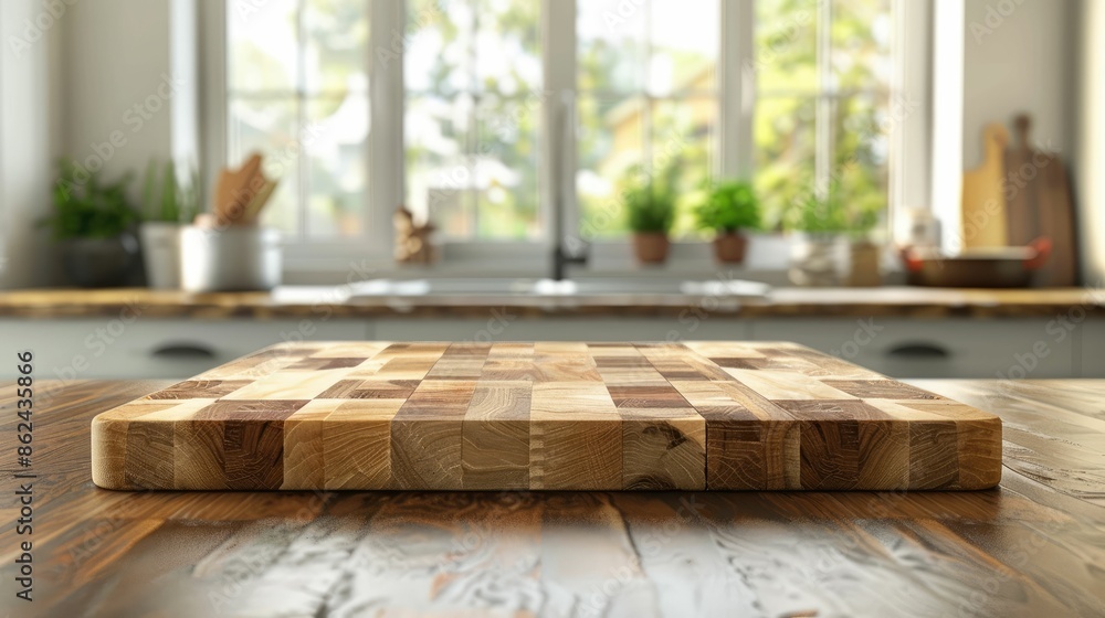 A wooden cutting board on a rustic kitchen countertop with a blurred background of a bright kitchen. A wooden cutting board on a rustic kitchen countertop with a blurred background of a bright kitchen.