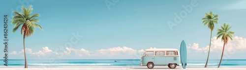 Vintage van parked on a beautiful tropical beach with palm trees and surfboard, ideal for travel and summer vacation themes. photo