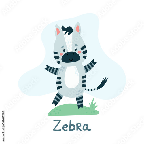 Childrens cute animal zebra. African animals, wildlife. Cute character. Flat vector illustration for children