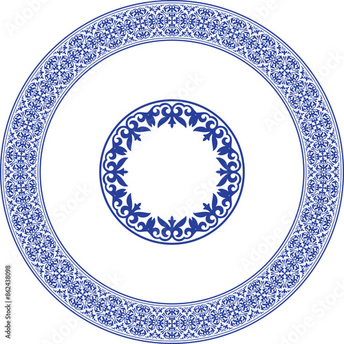 Vector blue Ethnic Asia national round frame with a pattern in the center. Ethnic Asia ornament of the nomadic peoples of Asia, the Great Steppe, Kazakhs, Kirghiz, Kalmyks, Mongols, Buryats, Turkmens.
