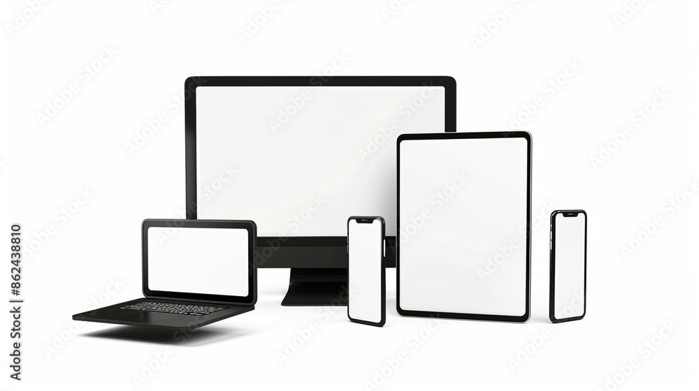 Flat lay of multiple electronic devices including laptops, tablets, and smartphones, set against a white background. Flat lay of multiple electronic devices including laptops, tablets, and smartphones, set against a white background.
