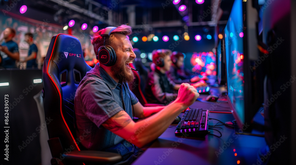 Obraz premium pro gamer man in headphones live streaming while playing online computer game, neon lights, esports, gaming, monitor, play, young, player, internet, enjoyment, cyber, e sport. 