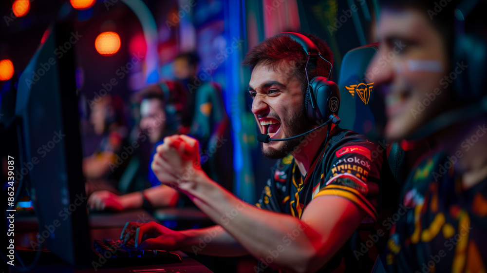 Fototapeta premium pro gamer man in headphones live streaming while playing online computer game, neon lights, esports, gaming, monitor, play, young, player, internet, enjoyment, cyber, e sport.