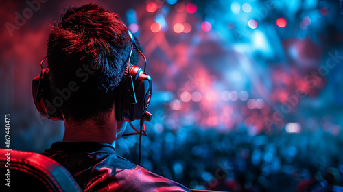 Wallpaper Mural pro gamer man in headphones live streaming while playing online computer game, neon lights, esports, gaming, monitor, play, young, player, internet, enjoyment, cyber, e sport.  Torontodigital.ca