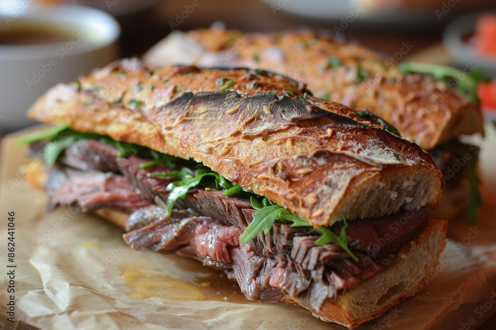 A gourmet sandwich featuring thinly sliced roast beef, horseradish sauce, and arugula, served on a crusty baguette. A gourmet sandwich featuring thinly sliced roast beef, horseradish sauce, and arugula, served on a crusty baguette.