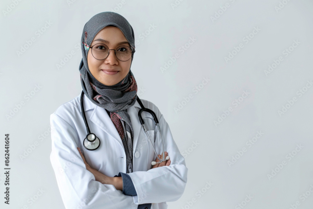 Muslim female doctor standing with arms crossed, wearing white lab coat and stethoscope. Professionalism, expertise, and dedication of healthcare workers in medical concept. Copy paste place for text Muslim female doctor standing with arms crossed, wearing white lab coat and stethoscope. Professionalism, expertise, and dedication of healthcare workers in medical concept. Copy paste place for text