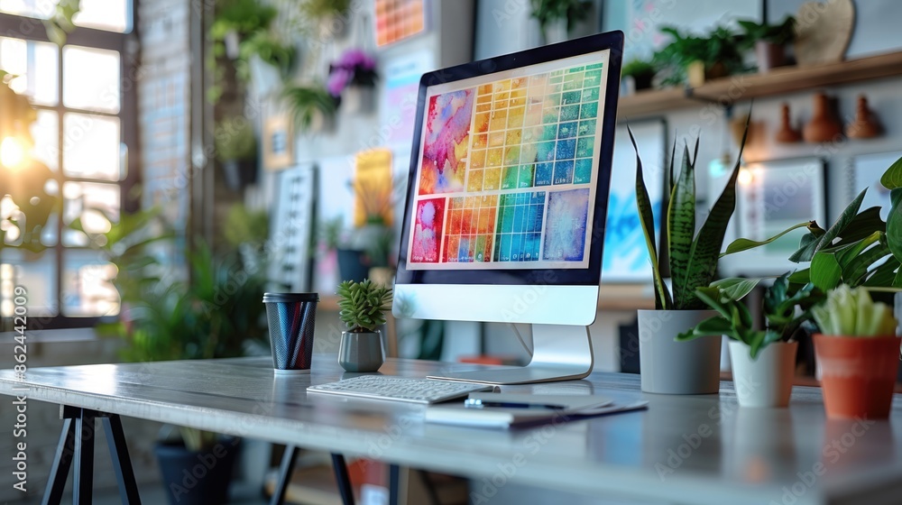 A bright white office, resembling a designer's workspace, features a computer screen displaying product design graphics. The walls are adorned with paper illustrating color A bright white office, resembling a designer's workspace, features a computer screen displaying product design graphics. The walls are adorned with paper illustrating color