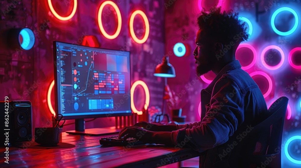 In a vibrant designer's workspace, a hand with a drawing pen is seen, and the computer screen displays product design graphics. The room's walls are adorned with paper featuring circles and color In a vibrant designer's workspace, a hand with a drawing pen is seen, and the computer screen displays product design graphics. The room's walls are adorned with paper featuring circles and color