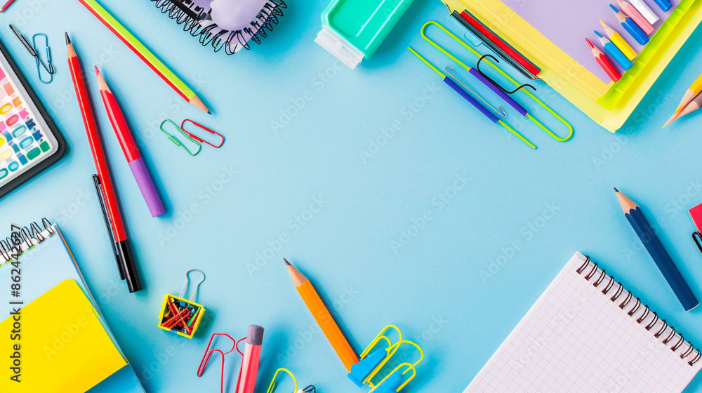 Blue background with various school supplies arranged in a flat lay, including pencils, notebooks, and rulers. Blue background with various school supplies arranged in a flat lay, including pencils, notebooks, and rulers.