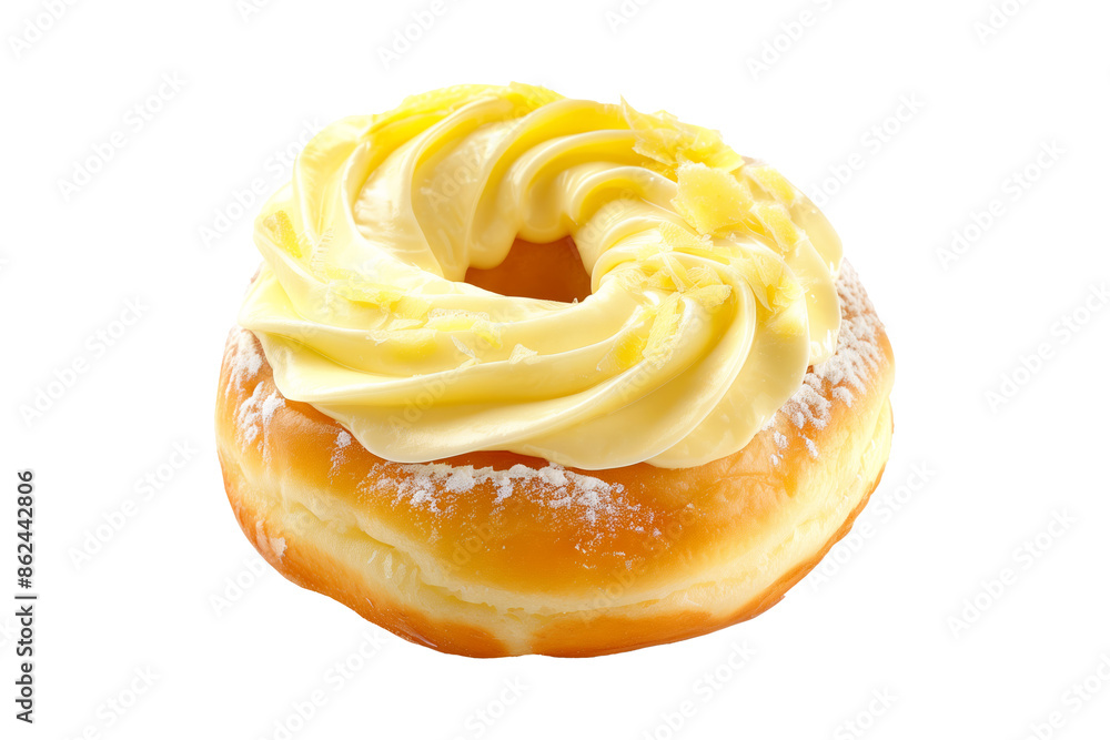 Dessert like Paris Brest isolated on a white transparent background with powder sugar and almond leaves and almond creme between. Dessert like Paris Brest isolated on a white transparent background with powder sugar and almond leaves and almond creme between.