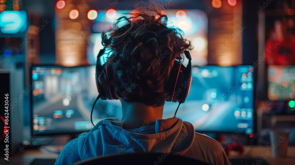 Fototapeta premium pro gamer man in headphones live streaming while playing online computer game, neon lights, esports, gaming, monitor, play, young, player, internet, enjoyment, cyber, e sport. 