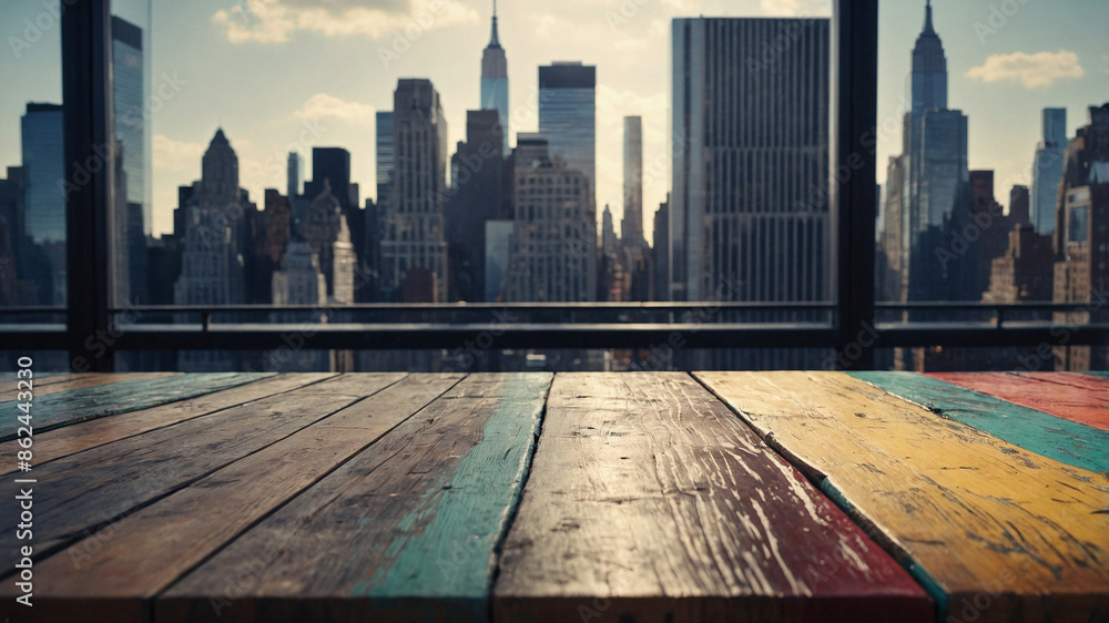 A wooden table with a view of a city skyline A wooden table with a view of a city skyline