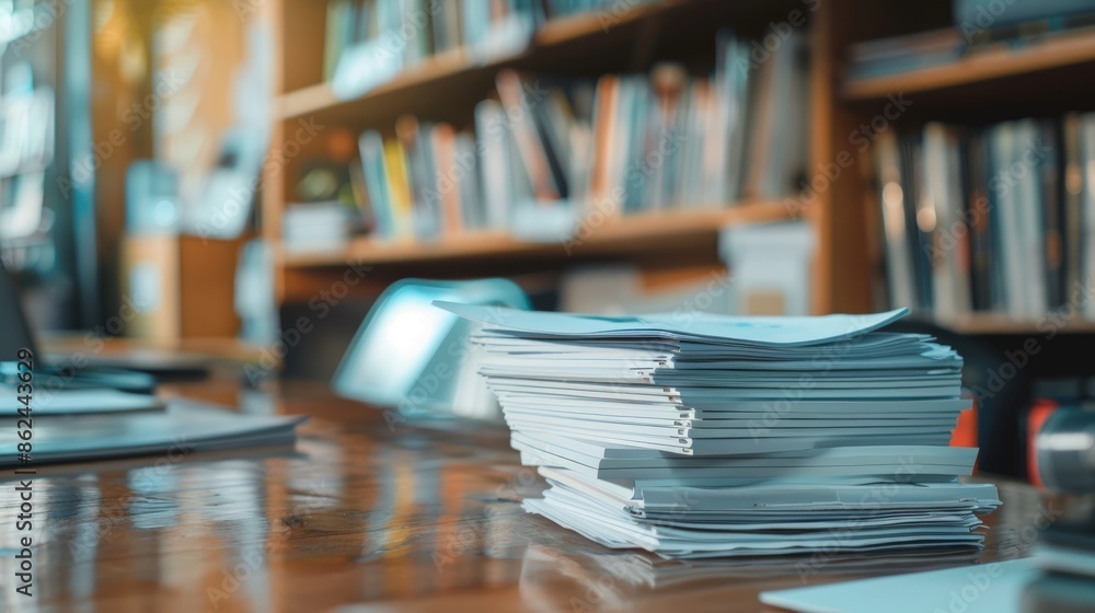 A pile of papers on a desk with a book on top. Generate AI image A pile of papers on a desk with a book on top. Generate AI image
