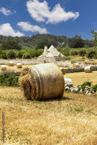 Obraz na płótnie Picturesque view of the farm field after harvest, large straw bales and a trullo hut, Itria Valley (Valle d'Itria), Italy, Apulia w salonie