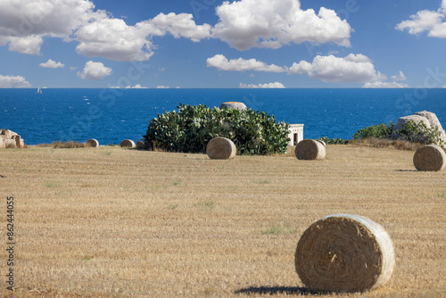 Picturesque view of the farm field after harvest, large straw bales and old trullo cottage on the coast of Adriatic Sea, Italy, Apulia