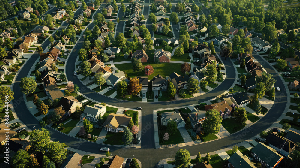 An enchanting aerial view unveils a cul-de-sac neighborhood, featuring luxury houses in an upper-middle-class American real estate development. An enchanting aerial view unveils a cul-de-sac neighborhood, featuring luxury houses in an upper-middle-class American real estate development.