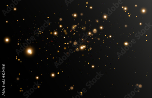 Bokeh glow background of sparkling dust, gold dust light, background with bokeh light effect, yellow shimmering glow with bokeh and glitter light. Vector