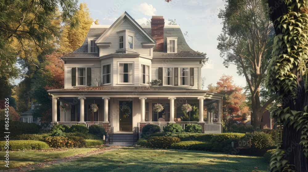 An iconic American house, proudly standing as a symbol of comfort and tradition. The classic architecture exudes a sense of familiarity and warmth. An iconic American house, proudly standing as a symbol of comfort and tradition. The classic architecture exudes a sense of familiarity and warmth.