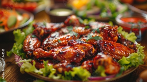 A plate of chicken wings is served on a black plate with a green salad. Generate AI image