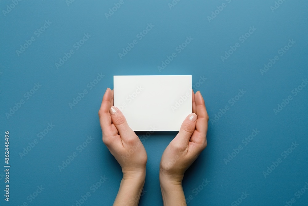 Hands holding a blank card on a blue background. Hands holding a blank card on a blue background.
