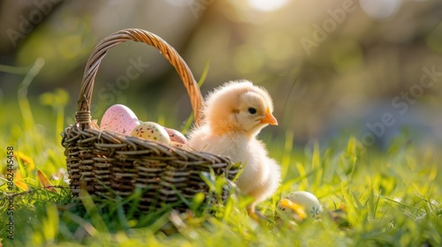 Easter celebration with baby hen chick and colorful eggs in a basket on grass © TheWaterMeloonProjec