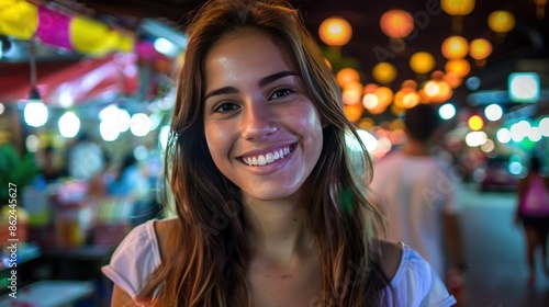 A woman with long brown hair is smiling at the camera. Generate AI image
