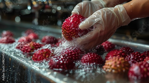 Gloved hands washing fresh dragon fruit in a stainless steel sink, ensuring cleanliness and readiness for consumption, health and hygiene concept. photo