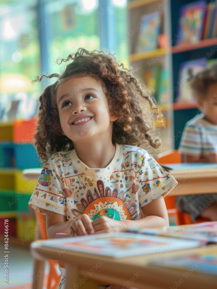 Little girl smiling in a classroom. AI. Little girl smiling in a classroom. AI.