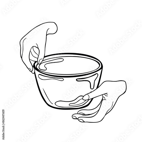 Human hands crafting clay bowl ink contour hand drawn. Two hands making a ceramic pot painted black white vector illustration. Pottery deep plate and women's fingers in line art. For pottery class