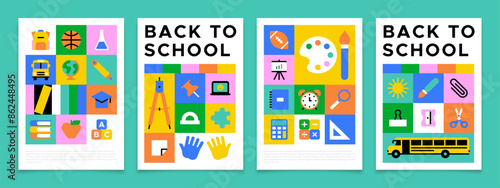Colorful back to school geometric mosaic banner set. Modern flat education cartoon icon background, fun study concept illustration. Children stationery template, college subject symbol collection.