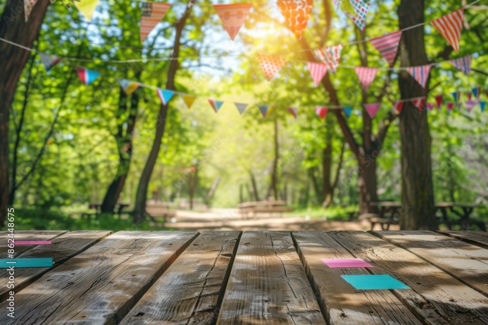 A wooden table with many flags hanging from it in a park. AI. A wooden table with many flags hanging from it in a park. AI.