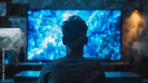 Back View of Person Watching Blue Themed Sci-Fi on Large TV Screen in Dark Room