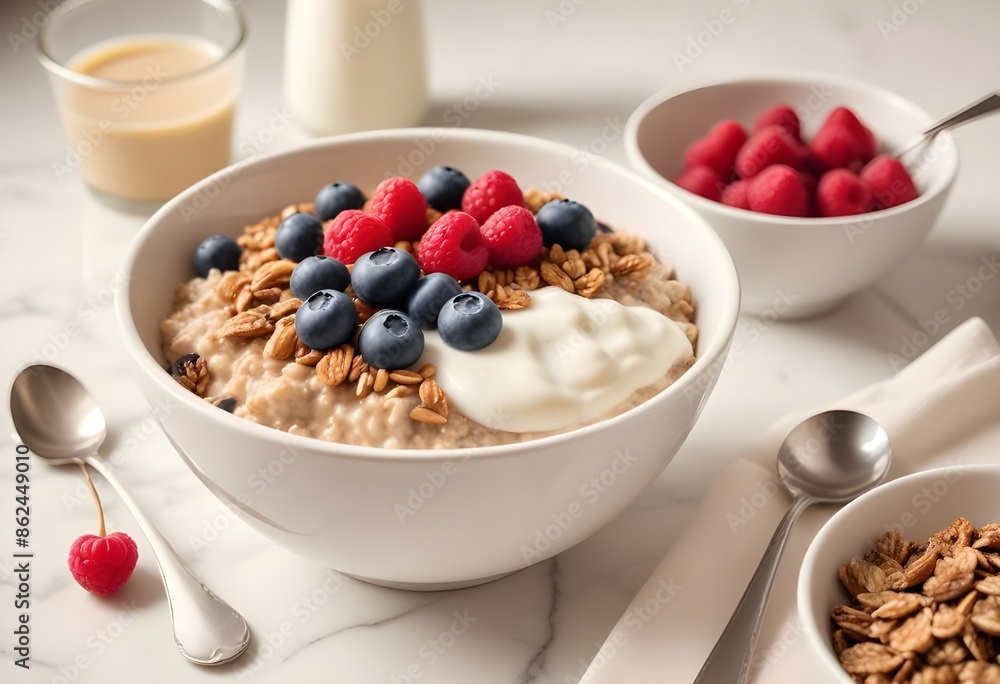 a bowl of oatmeal with berries and yogurt a bowl of oatmeal with berries and yogurt