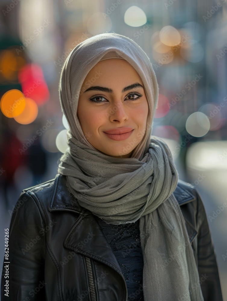 A woman in a scarf and jacket standing on the street. AI. A woman in a scarf and jacket standing on the street. AI.