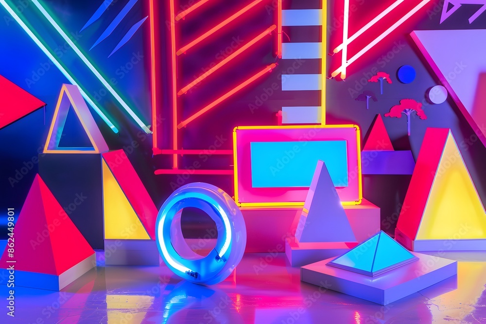 Neon colors and geometric shapes in an iconic 80s style, illuminated by LED signs., isolated white background, Retro 80s synthwave, Photo stock style, clean background, no copyrighted logo, no letters Neon colors and geometric shapes in an iconic 80s style, illuminated by LED signs., isolated white background, Retro 80s synthwave, Photo stock style, clean background, no copyrighted logo, no letters