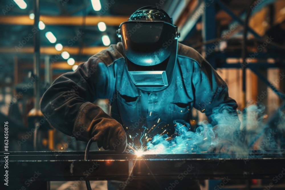 A skilled welder in protective gear meticulously joins metal parts using a welding torch in an industrial workshop. A skilled welder in protective gear meticulously joins metal parts using a welding torch in an industrial workshop.