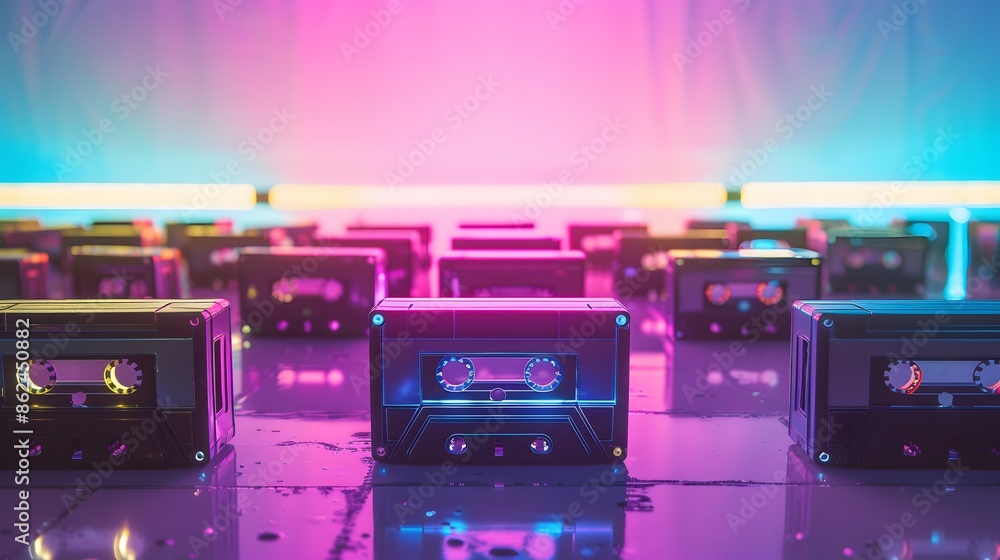 Cassette tapes arranged under a glowing neon LED light., isolated white ...