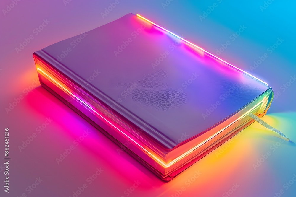 A Trapper Keeper notebook glowing with neon LED lights., isolated white background, Retro 80s synthwave, Photo stock style, clean background, no copyrighted logo, no letters A Trapper Keeper notebook glowing with neon LED lights., isolated white background, Retro 80s synthwave, Photo stock style, clean background, no copyrighted logo, no letters